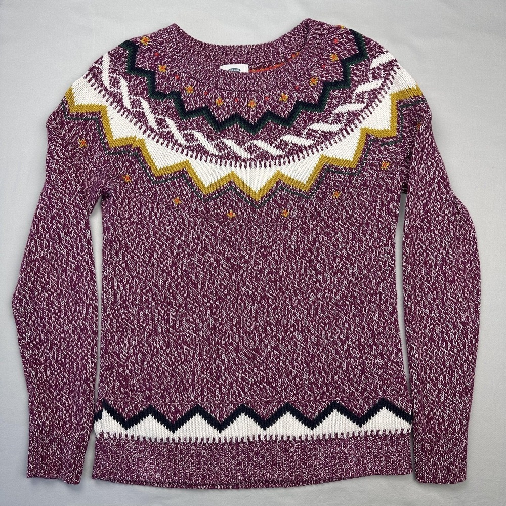 Old Navy Sweater Women Medium Burgundy Fair Isle Knit Crewneck Pullover Cozy